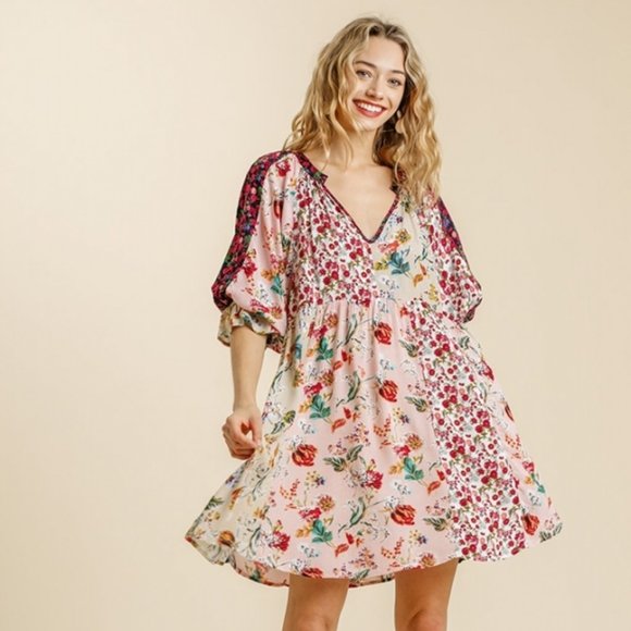 Umgee Dresses & Skirts - Umgee Blush Floral Mix Babydoll Dress